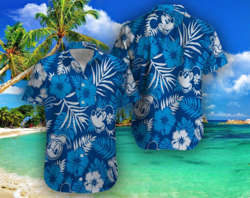 Disney Mickey Mouse Floral Aloha Hawaiian Shirt Tropical Blue