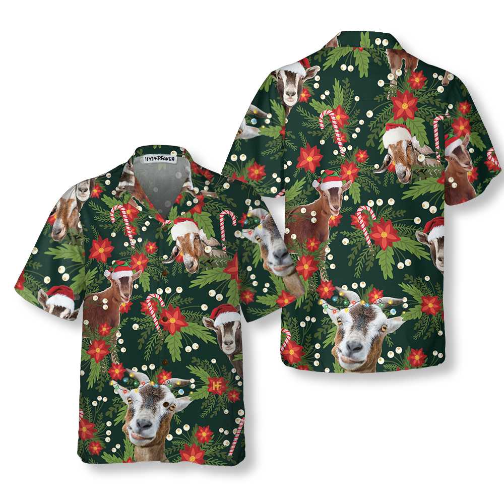 Christmas Goat With Poinsettia Flower Hawaiian Shirt Funny Christmas Goat Shirt Aloha Shirt For Men and Women