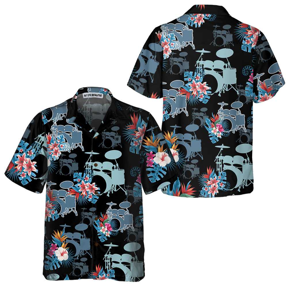 Blue Tropical Flower Drum Hawaiian Shirt Drum Shirt Gift For Drummers Aloha Shirt For Men and Women