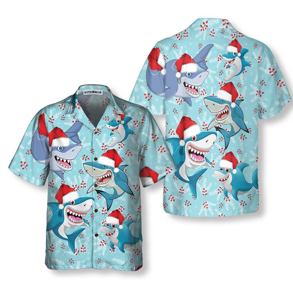 Merry Christmas Shark Santa Hat Christmas Hawaiian Shirt Funny Shark Hawaiian Shirt For Christmas Day Aloha Shirt For Men and Women