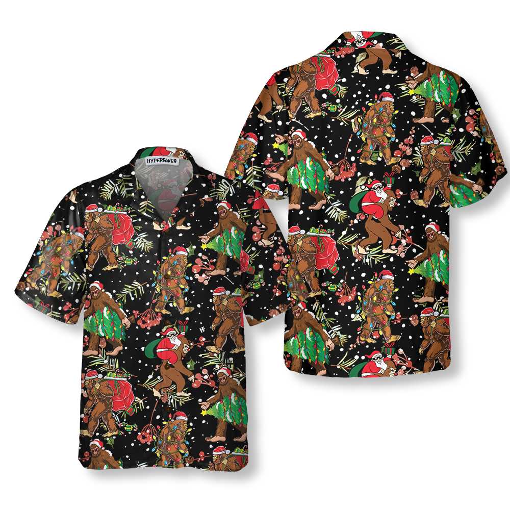 Bigfoot Santa Claus With Christmas Pattern Hawaiian Shirt Funny Christmas Bigfoot Shirt Gift For Christmas Aloha Shirt For Men and Women