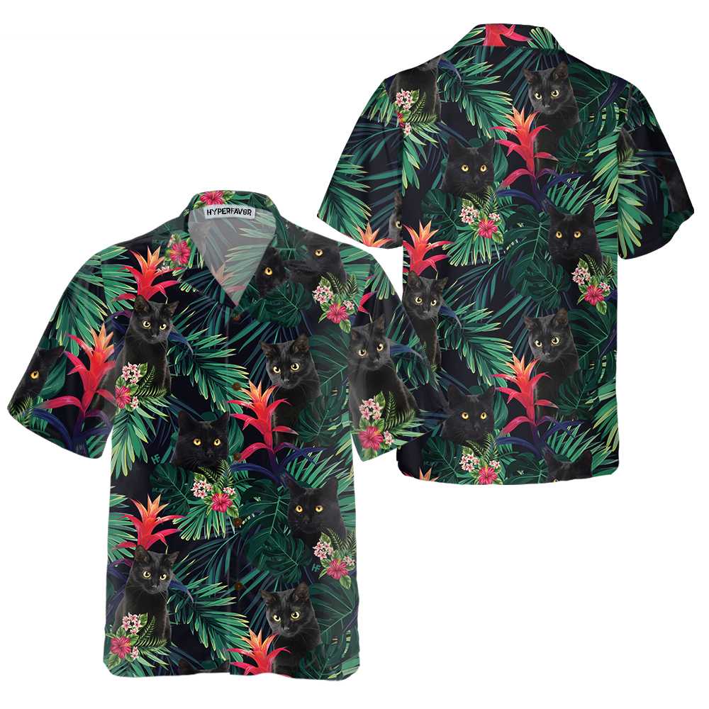 Black Cat And Tropical Pattern Hawaiian Shirt Funny Black Cat Shirt For Adults Cat Themed Gift For Cat Lovers Aloha Shirt For Men and Women