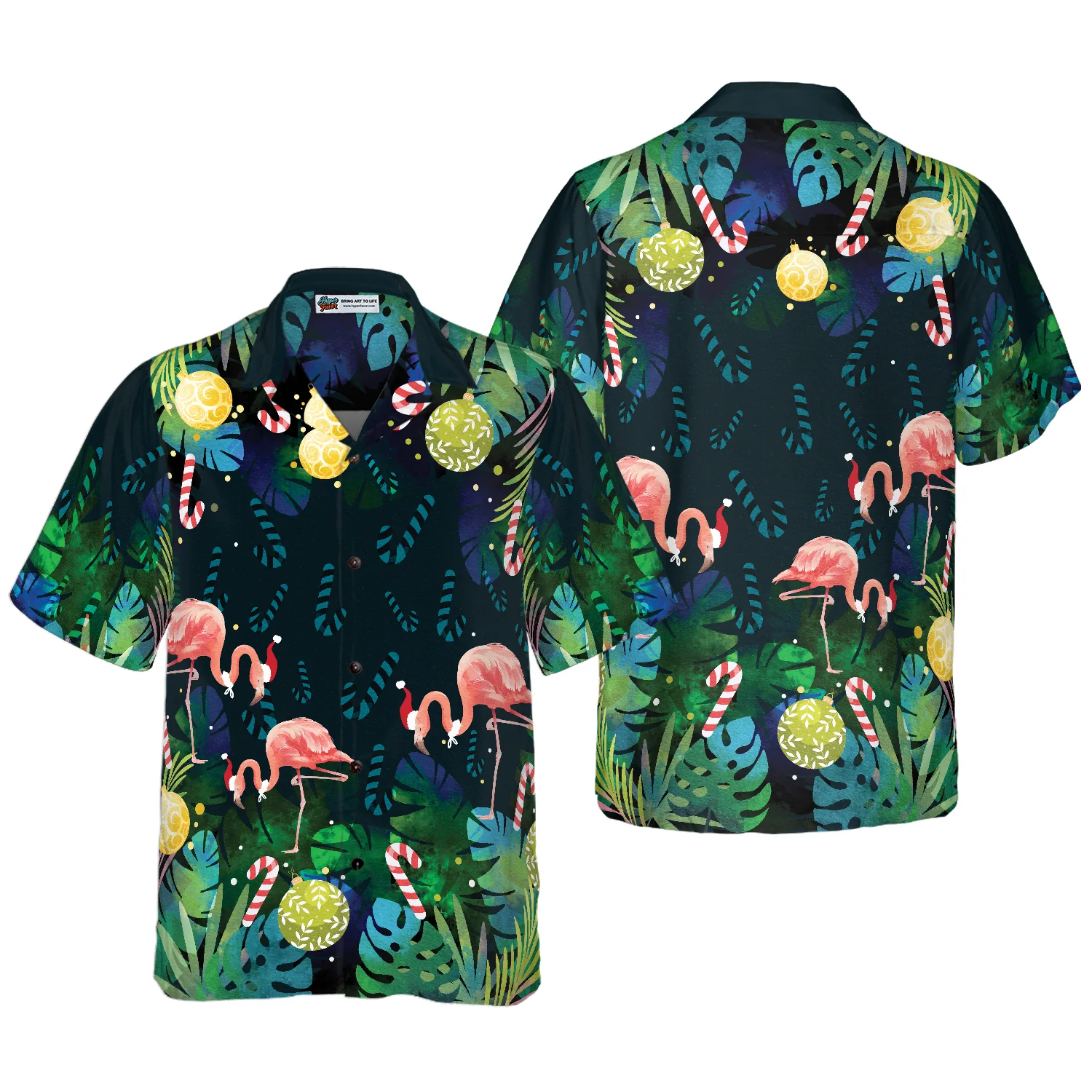 Hyperfavor Christmas Hawaiian Shirts Christmas Flamingo Tropical Hawaiian Shirt Button Down Shirt Short Sleeve Aloha Shirt For Men and Women