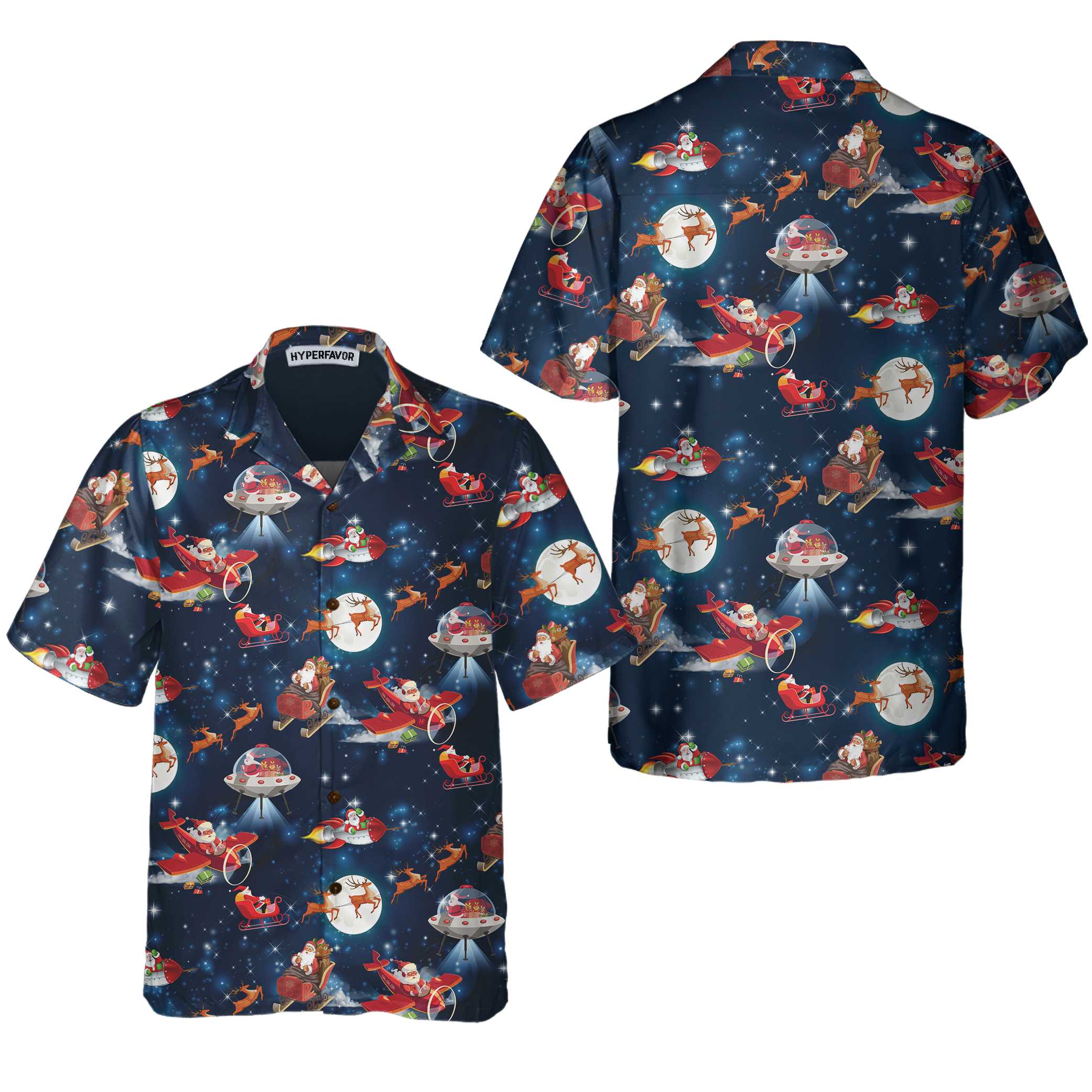 Christmas In Space Christmas Hawaiian Shirt With Santa Claus And Reindeer Pattern Aloha Shirt For Men and Women