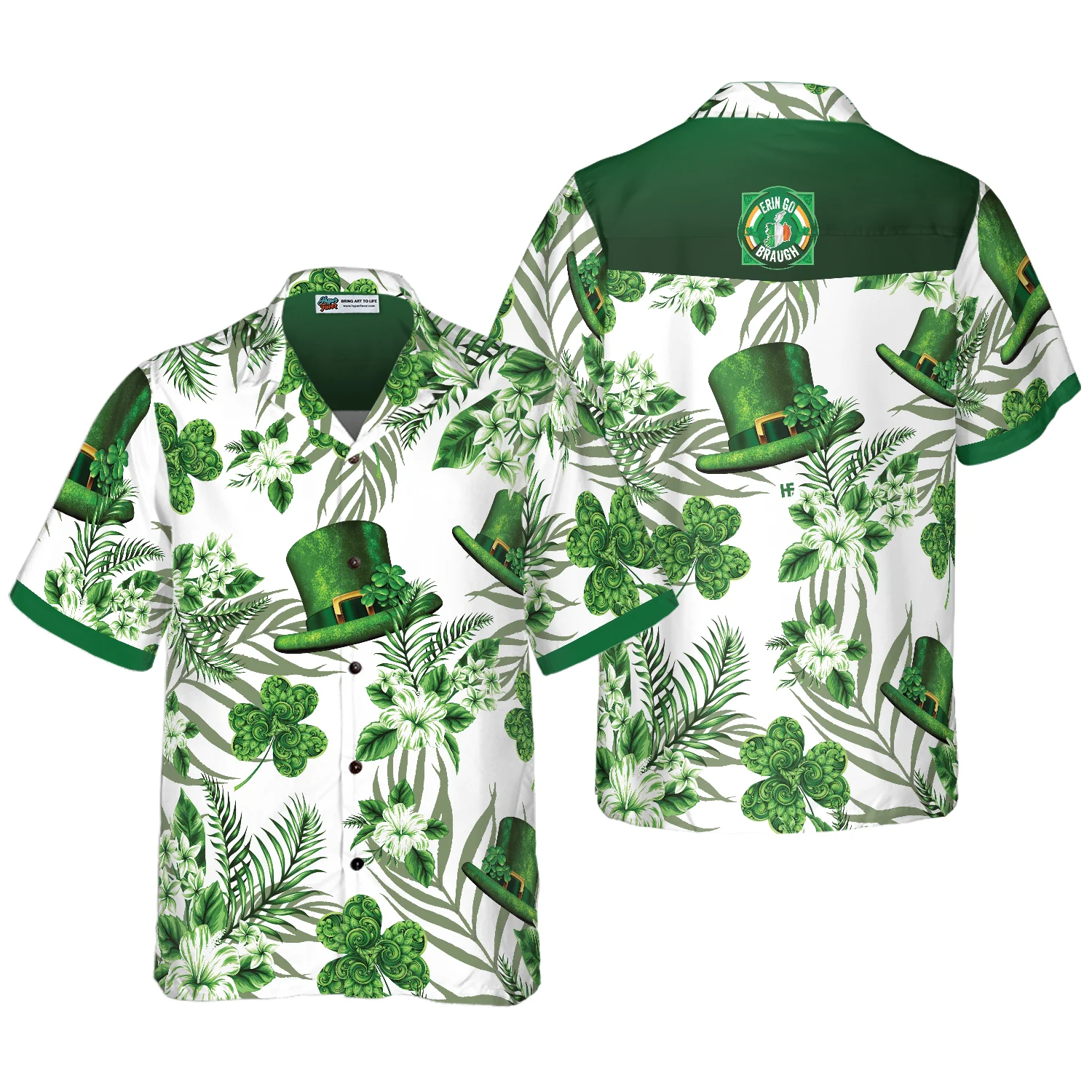 Erin Go Braugh Ireland Green Hat and Shamrock Pattern Hawaiian Shirt Aloha Shirt For Men and Women