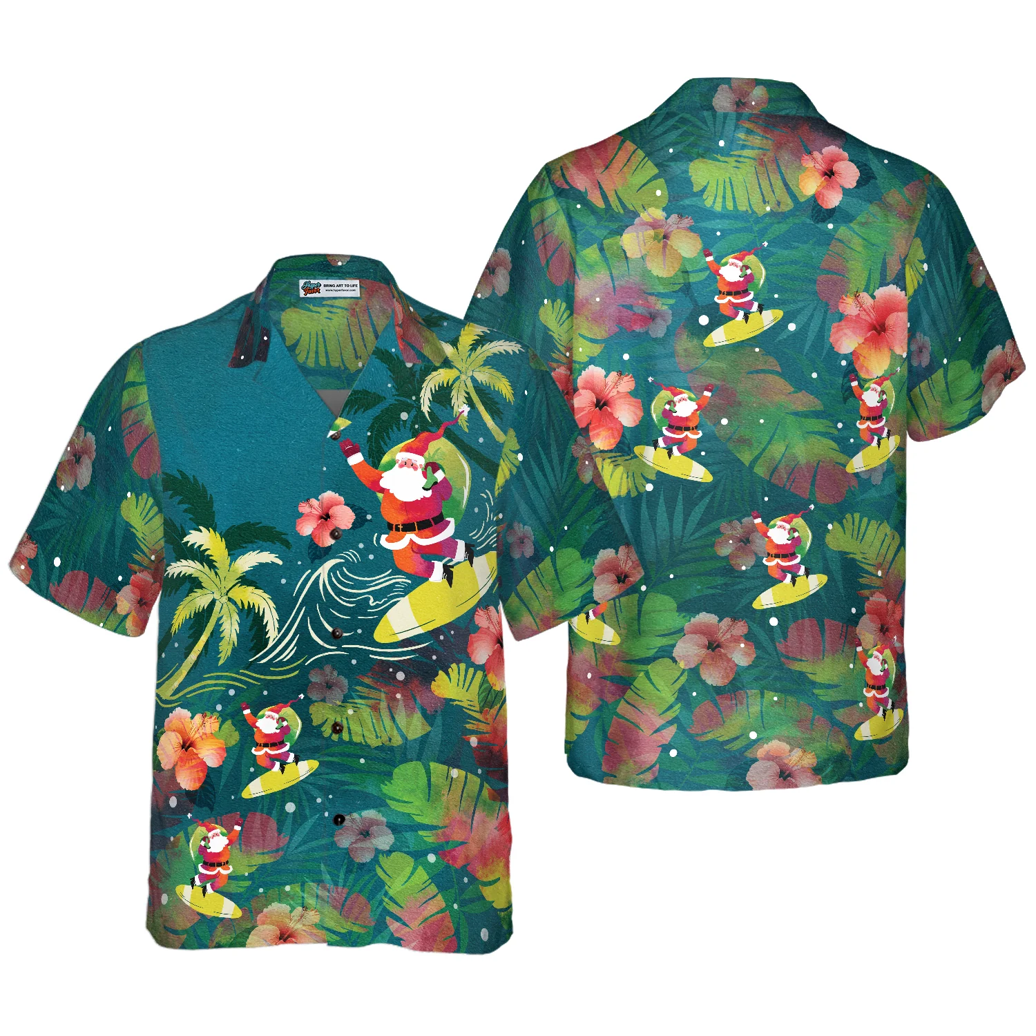 Hyperfavor Christmas Hawaiian Shirts Santa Surfing Tropical Hawaiian Shirt Button Down Shirt Short Sleeve Aloha Shirt For Men and Women