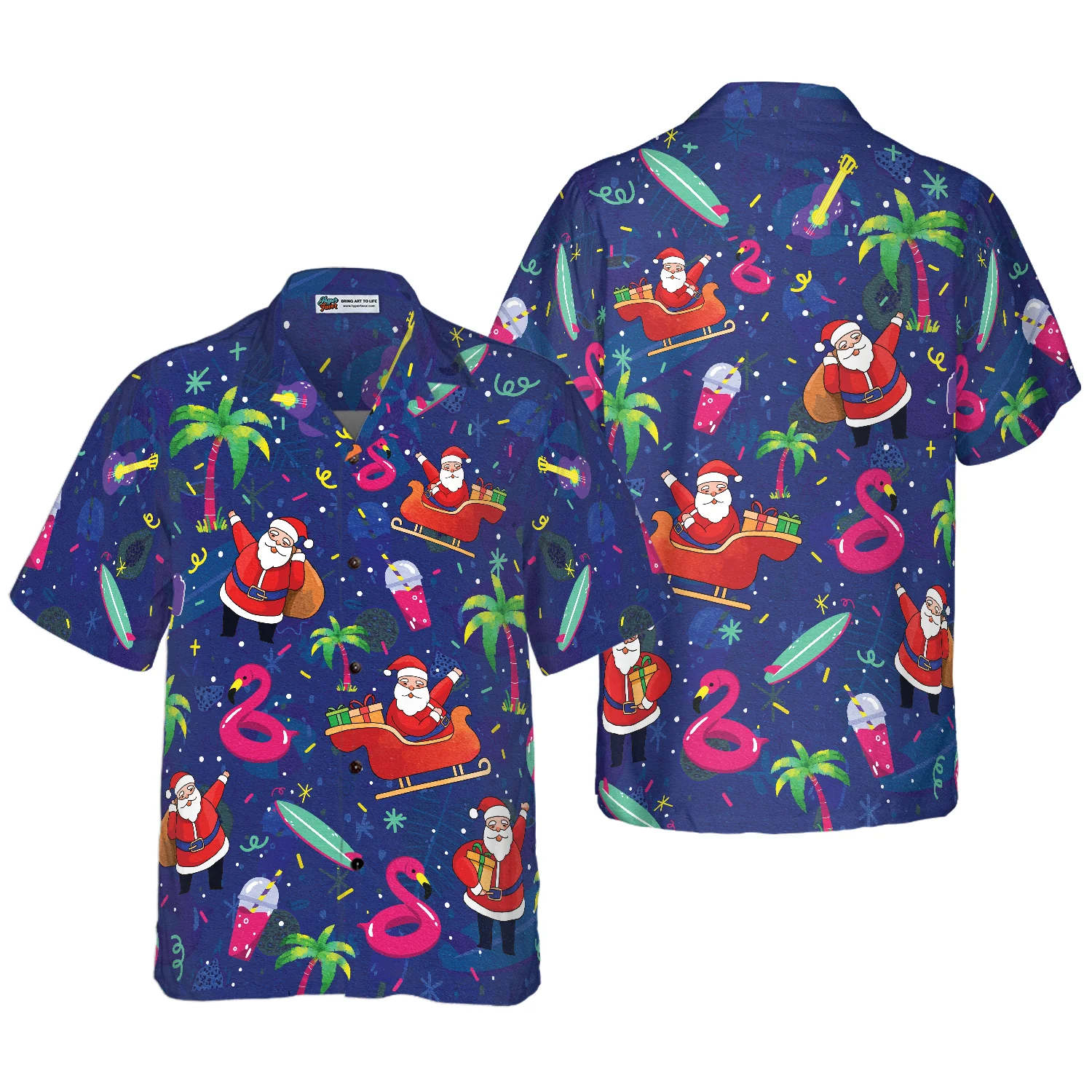 Hyperfavor Christmas Hawaiian Shirts Santa Flamingo Tropical Pattern Shirt Short Sleeve Christmas Shirt Idea Gift Aloha Shirt For Men and Women