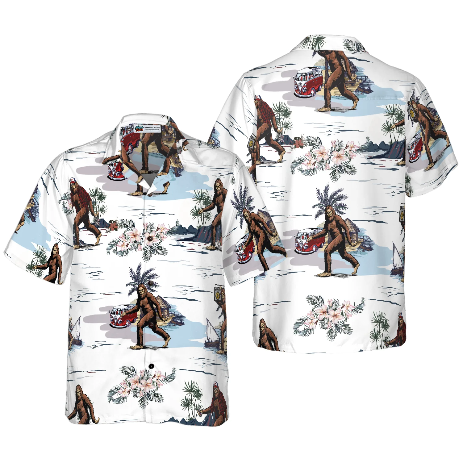 Bigfoots Are Ready For Summer Bigfoot Hawaiian Shirt White Tropical Floral Bus Trip Bigfoot Shirt Aloha Shirt For Men and Women