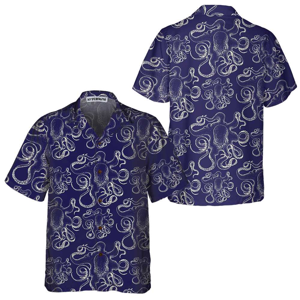 Hand Drawn Octopus Hawaiian Shirt Unique Navy Octopus Shirt  Women Aloha Shirt For Men and Women