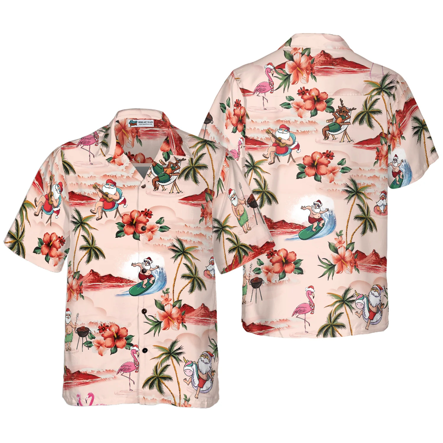 Hyperfavor Christmas Hawaiian Shirts Santa Beach Christmas Pattern Hawaiian Shirt Button Down Shirt Short Sleeve Aloha Shirt For Men and Women