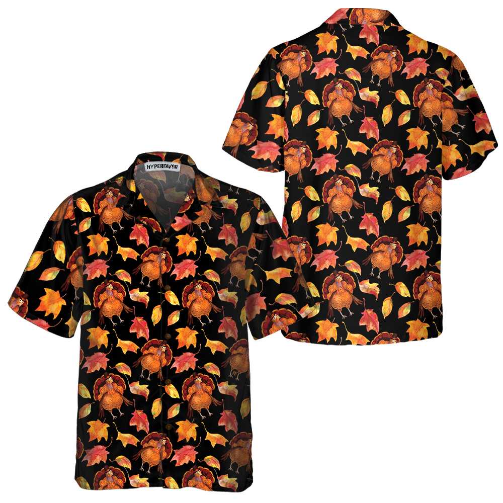 Thanksgiving Turkeys In Hats And Autumn Maple Leaves Hawaiian Shirt Funny Turkey Shirt Gift For Thanksgiving Day Aloha Shirt For Men and Women