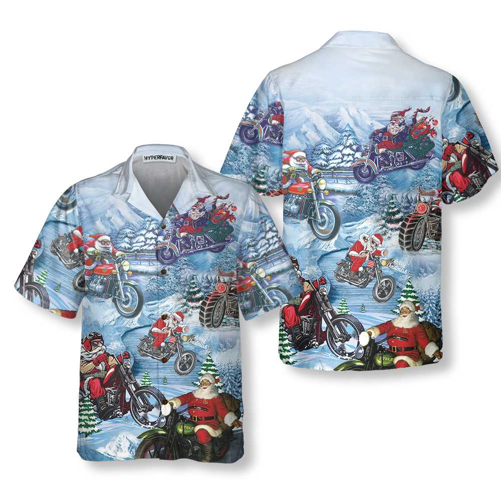 Driving With Santa On Christmas Hawaiian Shirt Motorcycle Christmas Shirt Best Gift For Christmas Aloha Shirt For Men and Women