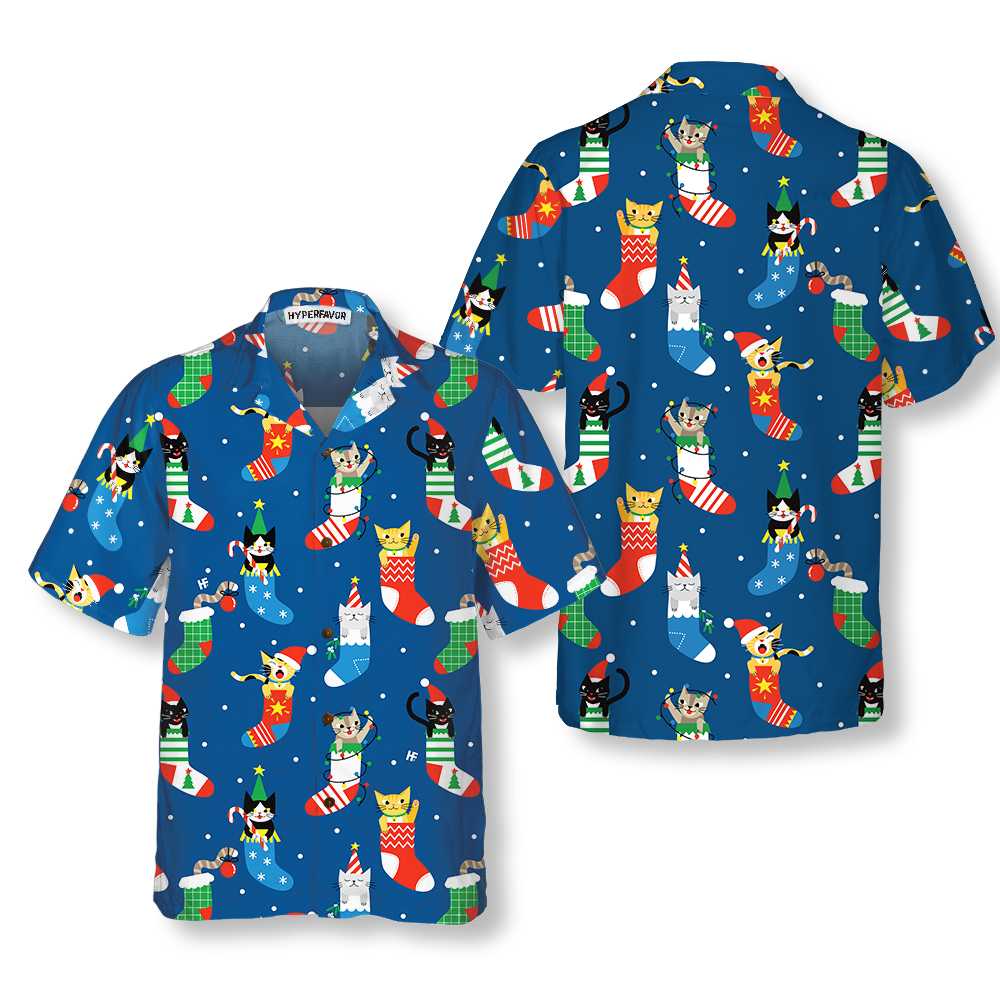 Cute Cats In Christmas Socks Hawaiian Shirt Christmas Cat Shirt Best Christmas Gift Aloha Shirt For Men and Women