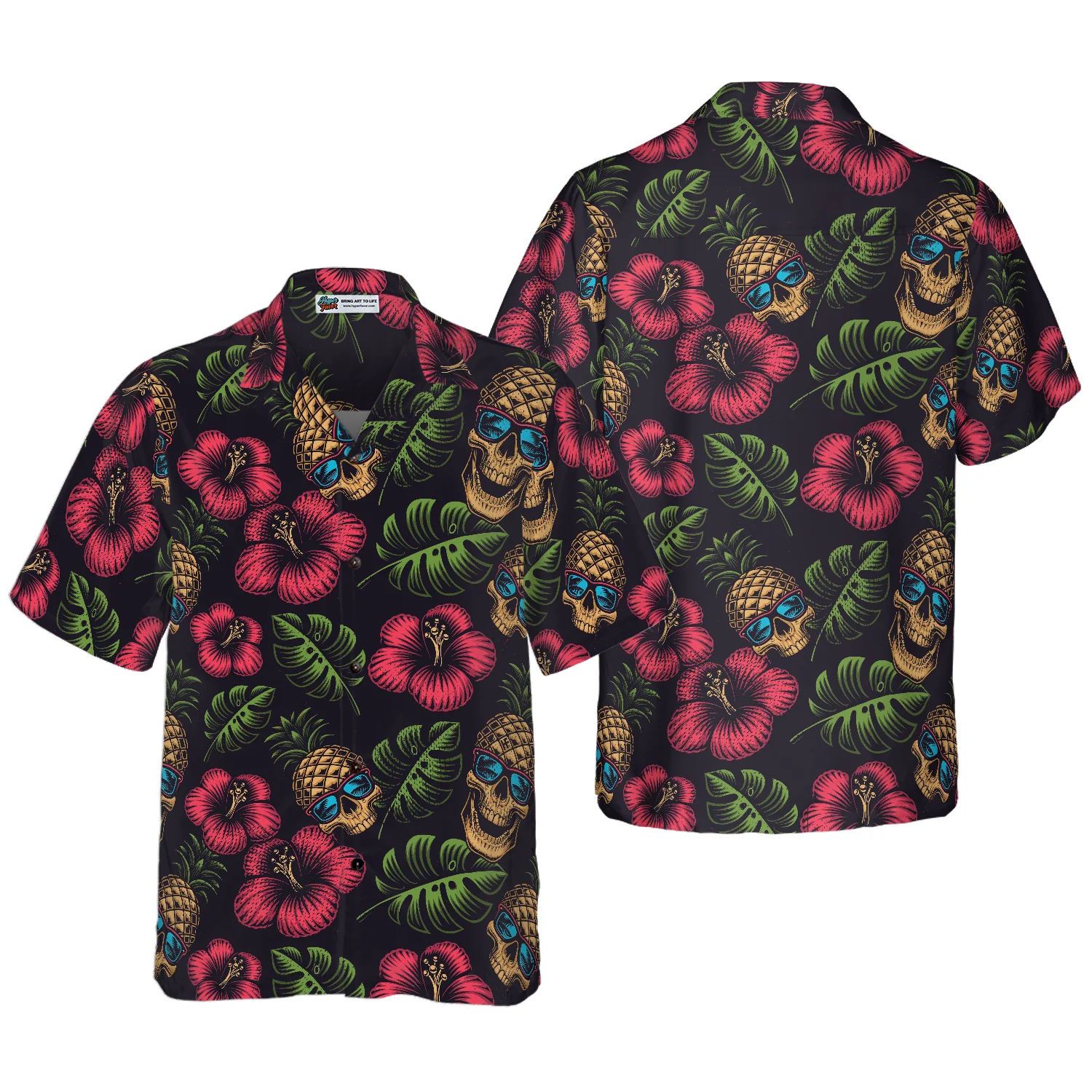 Pineapple Skull Tropical Flowers Black Hawaiian Shirt Aloha Shirt For Men and Women