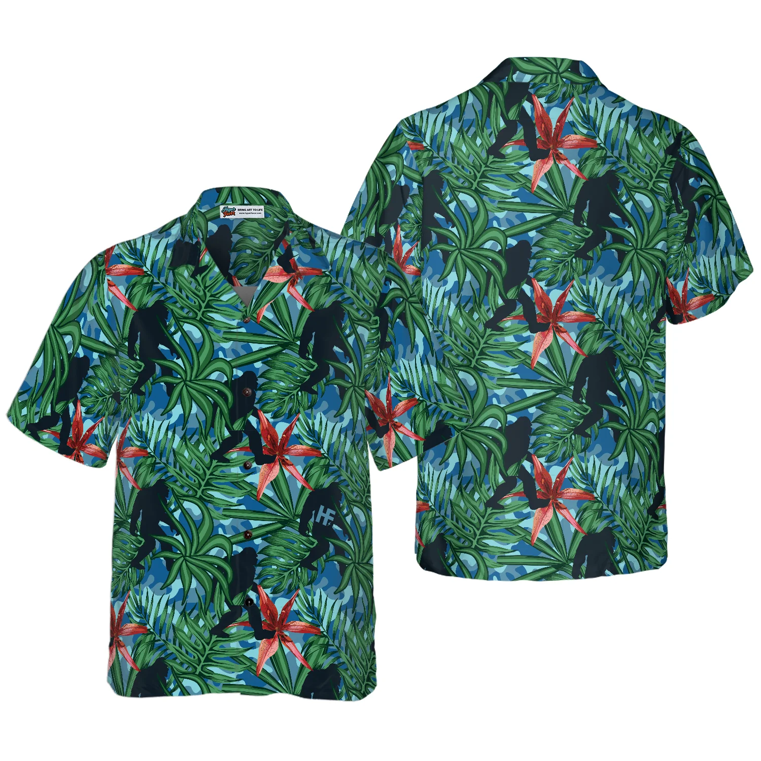 Bigfoot Silhouette Walking Bigfoot Hawaiian Shirt Tropical Forest Floral Bigfoot Shirt Aloha Shirt For Men and Women