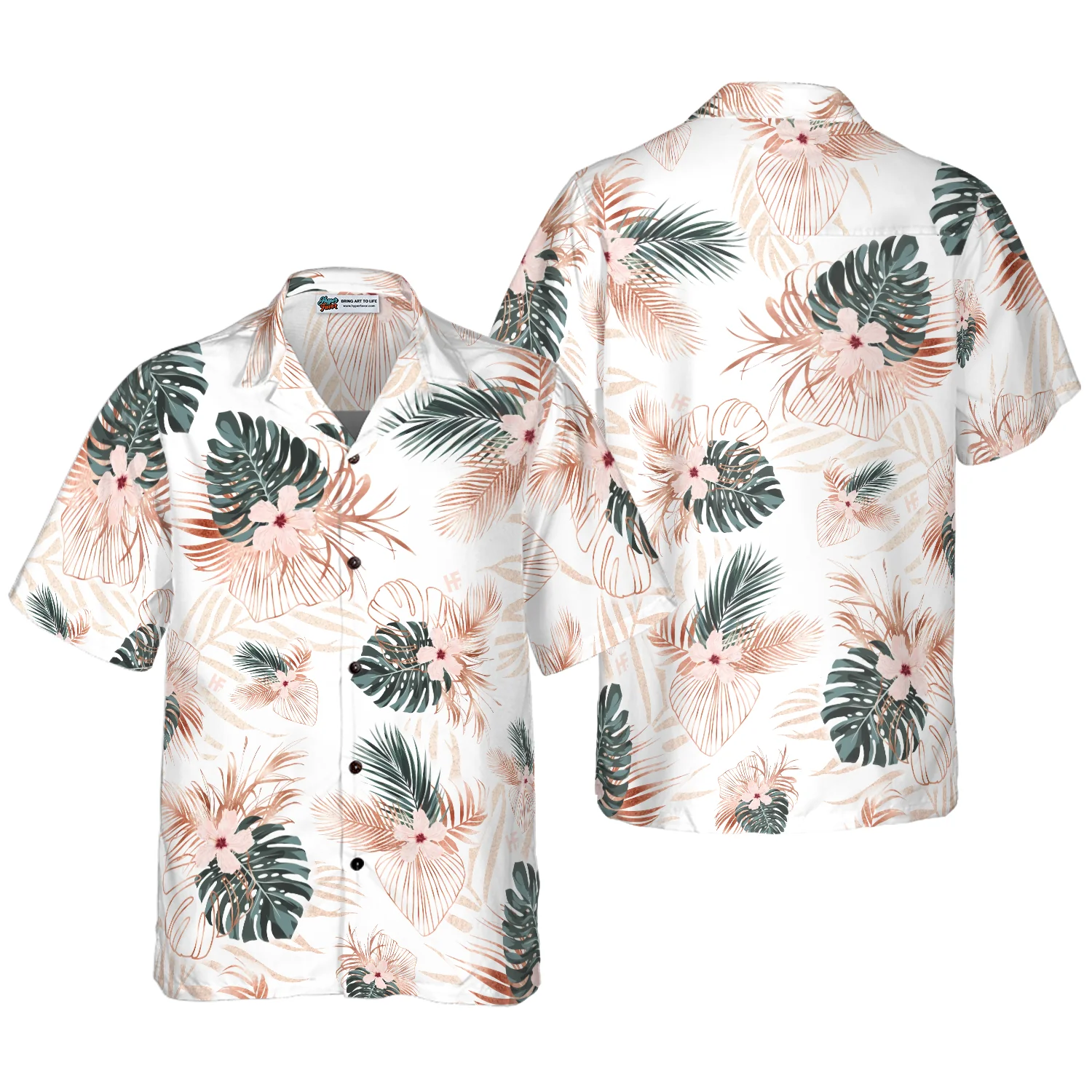 Rose Gold Tropical Palm Leaves Hawaiian Shirt Aloha Shirt For Men and Women