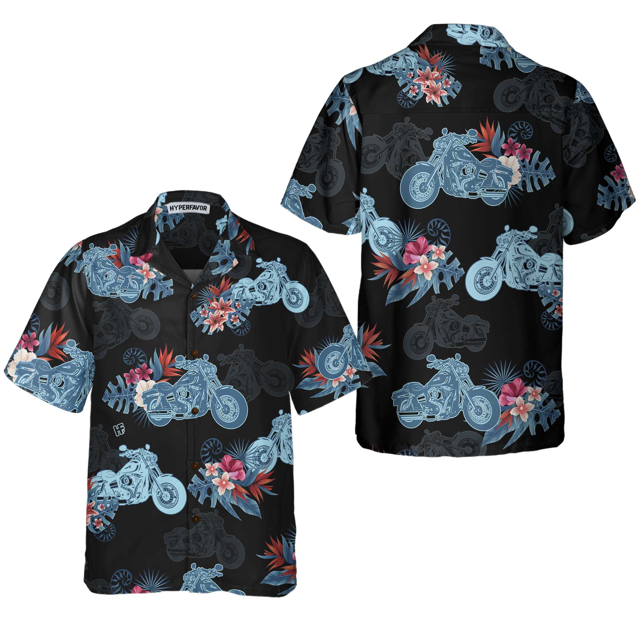 Biker Blue Tropical Flower Pattern Motorcycle Hawaiian Shirt Unique Gift For Bikers Aloha Shirt For Men and Women