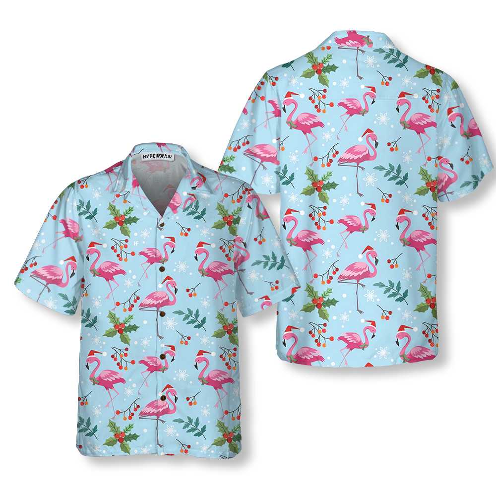 Christmas Flamingo Seamless Pattern Hawaiian Shirt Christmas Flamingo Shirt Best Xmas Gift Idea Aloha Shirt For Men and Women