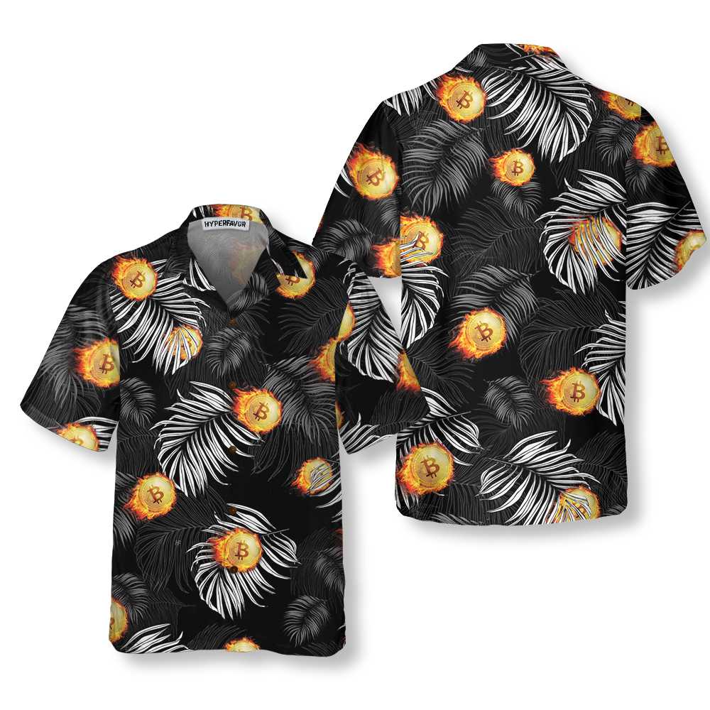 Bitcoin Flame And Tropical Pattern Hawaiian Shirt Unique Bitcoin Shirt  Women Aloha Shirt For Men and Women