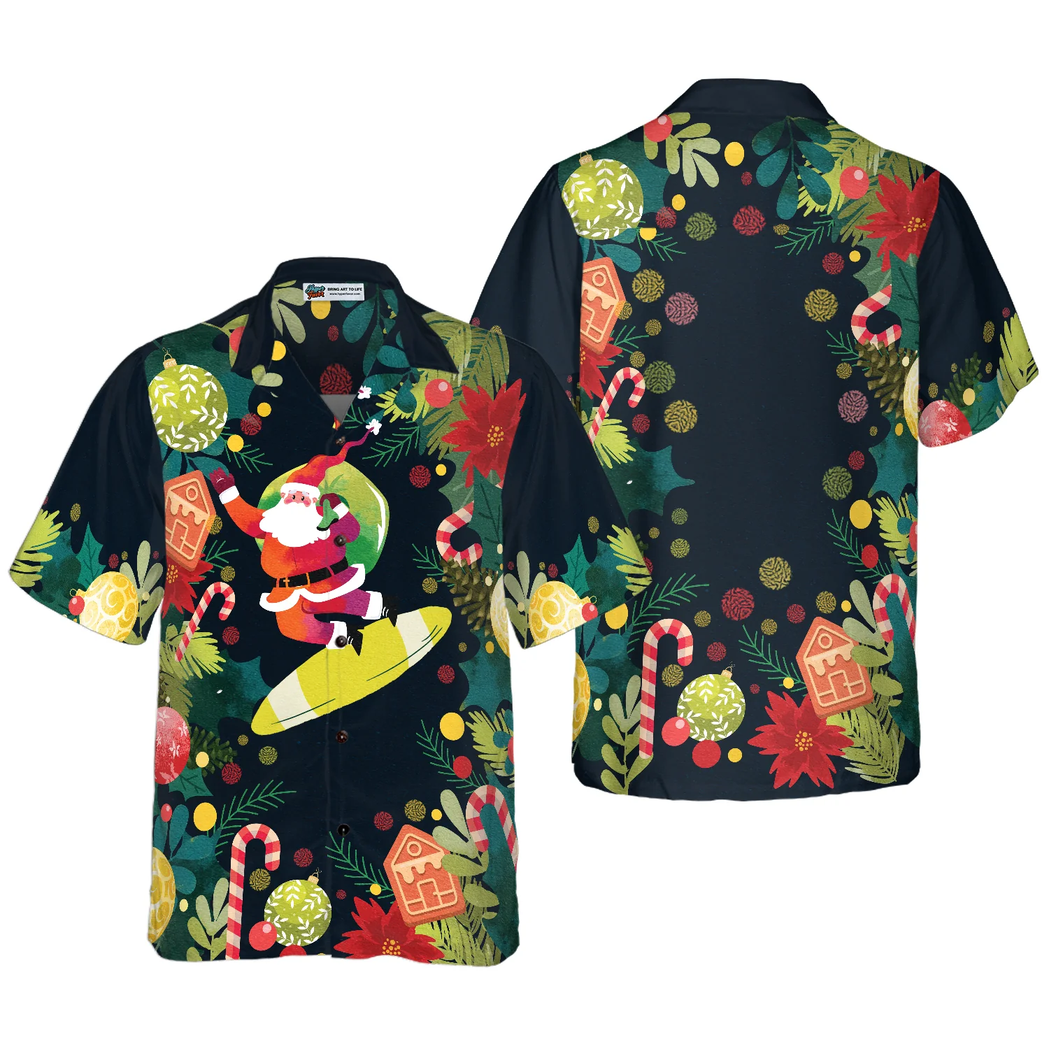 Hyperfavor Christmas Santa Surfing Hawaiian Shirt Christmas Shirts Short Sleeve Button Down Shirt Aloha Shirt For Men and Women