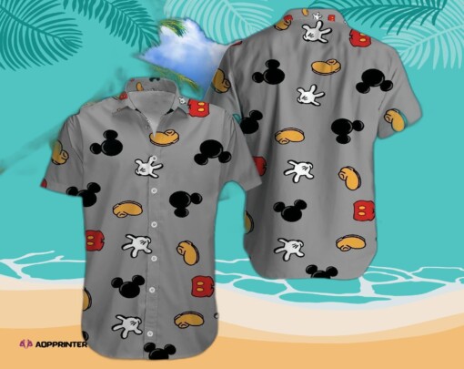 Disney Mickey Mouse Floral Aloha Hawaiian Shirt Grey Style 012