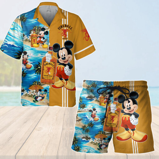 Fireball Cinnamon Whisky Mickey Mouse All Over Print 3D Aloha Summer Beach Hawaiian Shirt