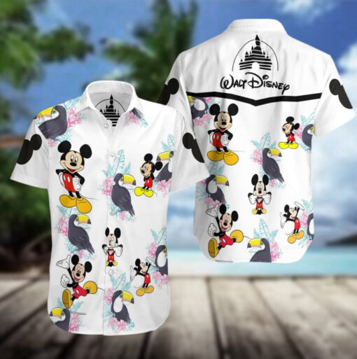 Mickey Mouse Walt Disney All Over Print Summer Sleeve Hawaiian Beach Shirt  White