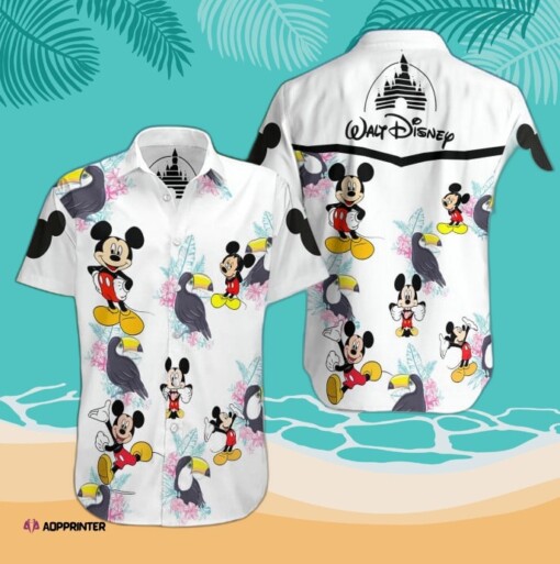 Mickey Mouse Walt Disney All Over Print Summer Sleeve Hawaiian Beach Shirt  White