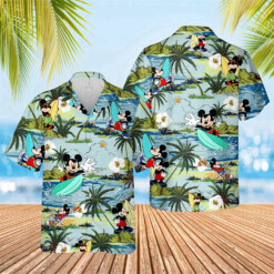 Mickey Surfing Hawaiian Shirt Disney Palm Tree Mickey Beach Sleeve T-Shirt - Dream Art Europa