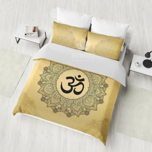 Golden Om Symbol Bedding Set, Sacred Bohemian Duvet Cover, Hindu Art Bedding Set