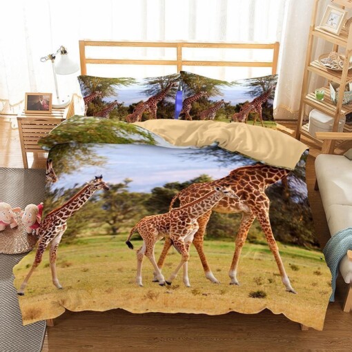 3D Animal Giraffe Printed Bedding  Linen Blanket Pink Bedding Bule