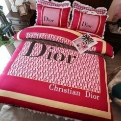 Dior Red Pink Bedding Sets Duvet Cover Sheet Cover Pillow Cases Luxury Bedroom Sets