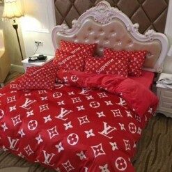 Louis Vuiton Red White 2 Bedding Sets Duvet Cover Sheet Cover Pillow Cases Luxury Bedroom Sets