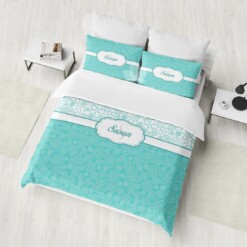 Floral Teal Bedding, Monogrammed Duvet Cover Set, Monogram Bedding With Name, Gentle Bedroom Decor Bedspread