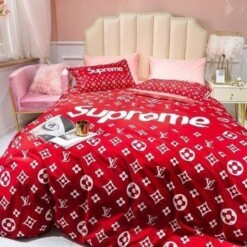 Supreme Louis Vuiton LV Red Style 1 Bedding Sets Duvet Cover Sheet Cover Pillow Cases Luxury Bedroom Sets