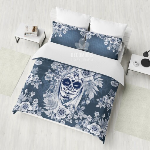 Gothic Bedding, Sugar Skull Duvet Cover Set, Floral Bedding Set