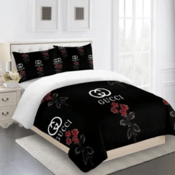 Gucci Rose Black Bedding Sets Duvet Cover Sheet Cover Pillow Cases Luxury Bedroom Sets