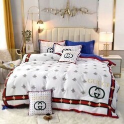 Gucci Bee White Red Style 2 Bedding Sets Duvet Cover Sheet Cover Pillow Cases Luxury Bedroom Sets