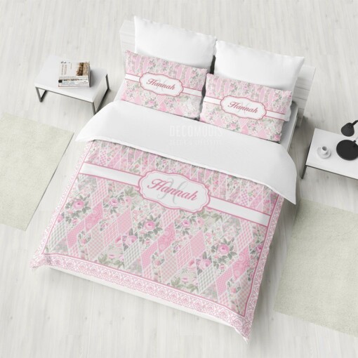 Floral Patchwork Bedding, Personalized Duvet Cover Set With Pink Roses, Customized Bedding With Name