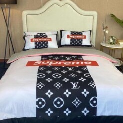 Louis Vuiton Supreme White Black 8 Bedding Sets Duvet Cover Sheet Cover Pillow Cases Luxury Bedroom Sets