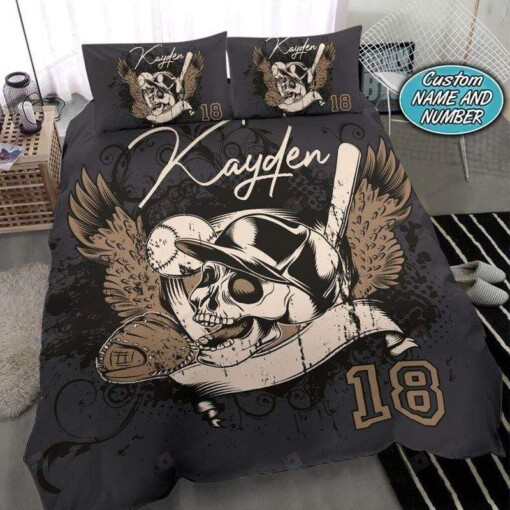Baseball Skull Personalized Custom Name Duvet Cover Bedding Set