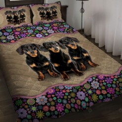 Dachshund Flower Pattern Quilt Bedding Set