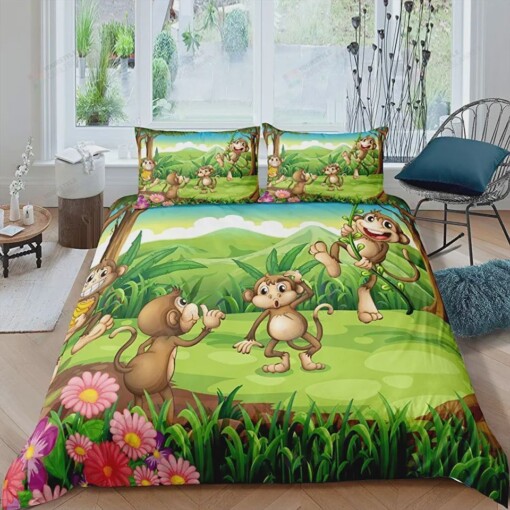 Monkey Bedding Set Plant Floral Decor Duvet Cover Cute Cartoon Theme Bedding Set Fresh And Natural Style Duvet Cover