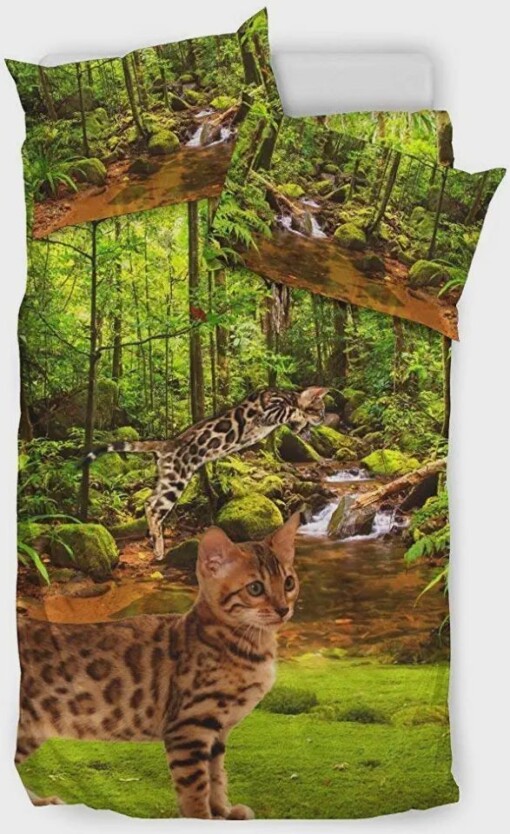 Bengal Cat In Jungle Print Bedding Set Bed Sheets Spread Comforter Duvet Cover Bedding Sets