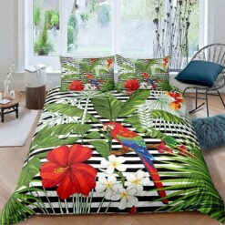 Parrot And Tropical Palm Leaf Flower Bedding Set Bed Sheets Spread Comforter Duvet Cover Bedding Sets