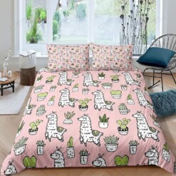 Cartoon Alpaca And Cactus Pattern  Bedding Set Bed Sheets Spread Comforter Duvet Cover Bedding Sets