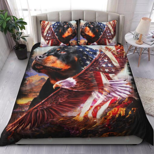 Rottweiler And Eagle American Flag Bedding Set Bed Sheets Spread Comforter Duvet Cover Bedding Sets