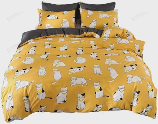 Cat Yellow Duvet Cover 3 Pieces Bedding Sets Patterned Cotton Bedding Duvet Cover Sets with 2 Pillowcases Ultra Soft Reversible