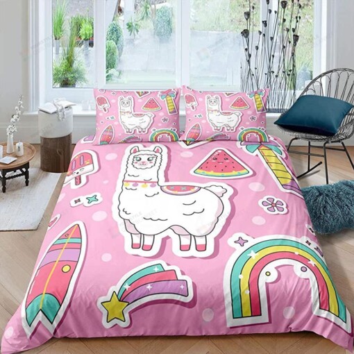 Alpaca Pink Bedding Set Rainbow Print Bed Sheets Spread Comforter Duvet Cover Bedding Sets