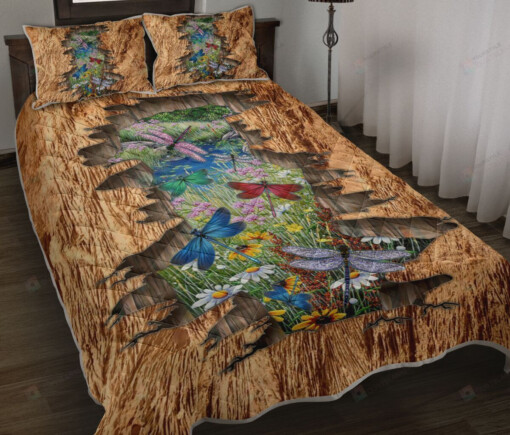 Dragonfly And Flower Quilt Bedding Set